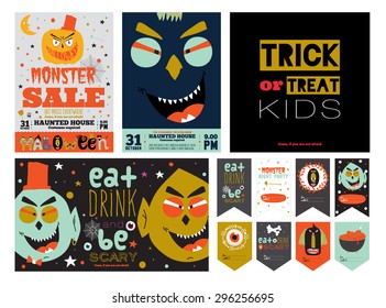 Set Trick or Treat Poster Cards in vector. Stylish Halloween Illustration with Cute, Funny, Evil, Fearsome Monsters in Cartoon Style. October Templates for Placards, Posters, Flyers and Banners