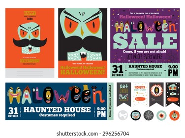 Set Trick or Treat Poster Cards in vector. Stylish Halloween Illustration with Cute, Funny, Evil, Fearsome Monsters in Cartoon Style. October Templates for Placards, Posters, Flyers and Banners