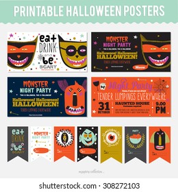 Set Trick or Treat Poster Cards in vector. Stylish Halloween Illustration with Cute, Funny, Evil, Fearsome Monsters in Cartoon Style. October Templates for Placards, Posters, Flyers and Banners