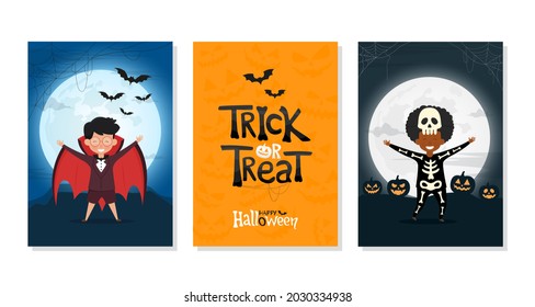 Set of Trick or Treat posters. Vector illustration of Halloween invitation cover with kids in costume.