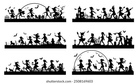 Set of trick or treat silhouettes , Spooky halloween border illustration,Cute Cartoon Style Illustration for Kids' Holiday Halloween vector for decoration or sticker