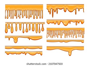 Set of trickles of flower honey. Yellow paint flowing down thick. Slime. Drops are slipping. Fluid drips. Isolated object on white background. Flat cartoon style. Vector.