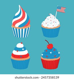 Set of tricolor 4th of July cupcakes. Vector graphics.