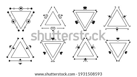 Set of tricorn with black line frame and heart element. Romantic elegant ornamental trigonal vintage border for text wedding invitation card, certificate.Triangular frames Isolated vector illustration