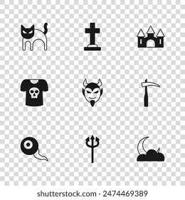 Set Trident devil, Scythe, Moon and stars, Devil head, Castle, Black cat, Tombstone with cross and Shirt skull icon. Vector