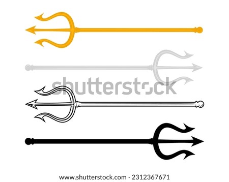 Set of Trident icons in gold, silver and black. Devil pitchfork collection isolated. Demon tridental spear. Flat and minimal vector illustration