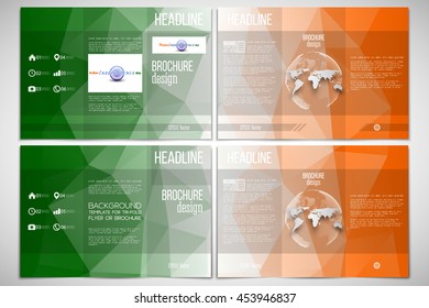 Set of tri-fold brochure design template on both sides with world globe element. Background for Indian Independence Day celebration with Ashoka wheel and national flag colors, vector illustration.