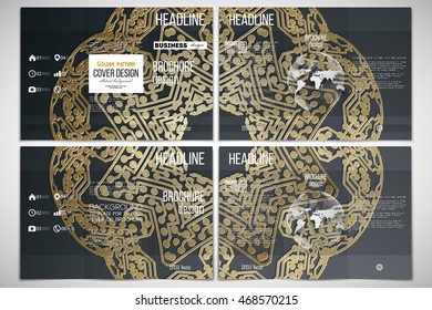 Set of tri-fold brochure design template on both sides with world globe element. Golden microchip pattern, dark background, connecting dots and lines, connection structure. Digital scientific vector