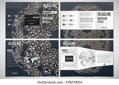 Set of tri-fold brochure design template on both sides with world globe element. Golden microchip pattern, connecting dots and lines, connection structure. Digital scientific vector background