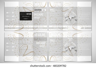 Set of tri-fold brochure design template on both sides. Abstract polygonal low poly backdrop, connecting dots and lines, golden connection structure, white background. Digital or science vector