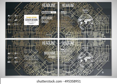 Set of tri-fold brochure design template on both sides with world globe element. Golden technology pattern, dark background, connecting lines and dots, connection structure. Digital scientific vector