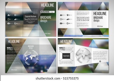 Set of tri-fold brochure design template on both sides with world globe element. Abstract multicolored background, blurred nature landscapes, geometric vector, triangular style illustration