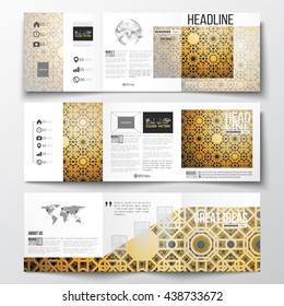 Set of tri-fold brochures, square design templates. Islamic golden vector texture, geometric pattern, abstract ornament, arabic calligraphy which means - Eid al Fitr - for muslim community.