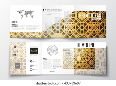 Set of tri-fold brochures, square design templates. Islamic golden vector texture, geometric pattern, abstract ornament, arabic calligraphy which means - Eid al Fitr - for muslim community.