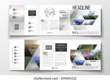 Set of tri-fold brochures, square design templates with element of world globe. Abstract colorful polygonal background, natural landscapes, geometric, triangular style vector illustration