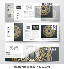 Set of tri-fold brochures, square design templates with element of world map and globe. Golden microchip pattern on dark background, mandala template with connecting dots and lines
