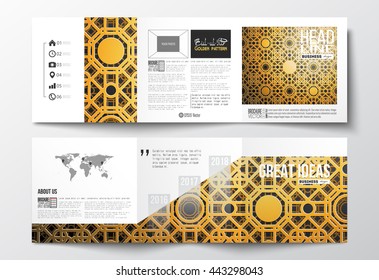 Set of tri-fold brochures, square design templates. Islamic golden vector texture, geometric pattern, abstract ornament, arabic calligraphy which means - Eid al Fitr - for muslim community.