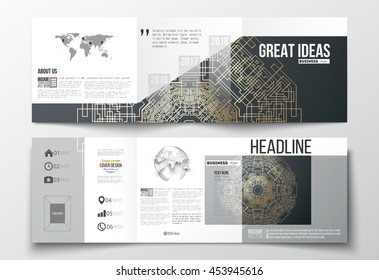 Set of tri-fold brochures, square design templates with element of world map and globe. Round golden technology pattern on dark background, mandala template with connecting lines and dots.