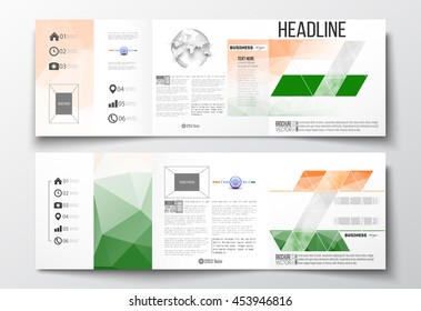 Set of tri-fold brochures, square design templates with element of world globe. Background for Happy Indian Independence Day celebration with Ashoka wheel and national flag colors, vector illustration