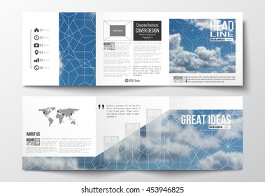 Set of tri-fold brochures, square design templates with element of world map. Beautiful blue sky, abstract geometric background with white clouds, leaflet cover, business layout, vector illustration.