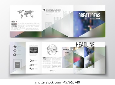 Set of tri-fold brochures, square design templates with element of world map and globe. Abstract colorful polygonal background, natural landscapes, geometric, triangular style vector illustration