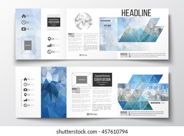 Set of tri-fold brochures, square design templates with element of world globe. Abstract blue polygonal background, colorful backdrop, modern stylish vector texture.