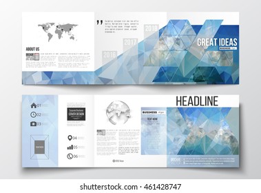 Set of tri-fold brochures, square design templates with element of world map and globe. Abstract blue polygonal background, colorful backdrop, modern stylish vector texture.