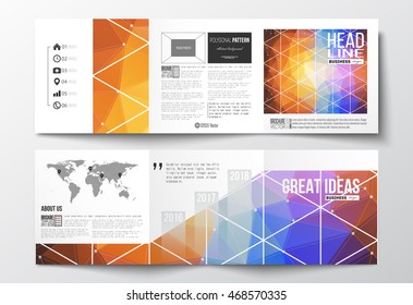 Set of tri-fold brochures, square design templates. Abstract colorful polygonal background, modern stylish triangle vector texture