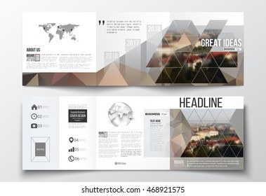 Set of tri-fold brochures, square design templates. Polygonal background, blurred image, urban landscape, Prague cityscape, modern stylish triangular vector texture.