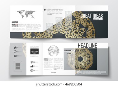 Set of tri-fold brochures, square design templates. Golden microchip pattern on dark background, mandala template with connecting dots and lines, connection structure. Digital scientific vector