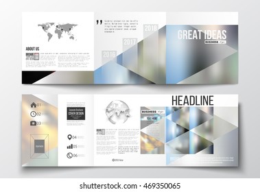 Set of tri-fold brochures, square design templates. Abstract colorful polygonal background, natural landscapes, geometric, triangular style vector illustration