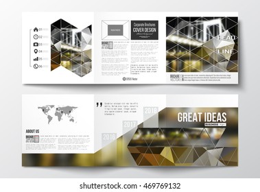Set of tri-fold brochures, square design templates. Colorful polygonal background, blurred image, night city landscape, modern stylish triangular vector texture.