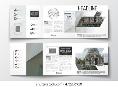 Set of tri-fold brochures, square design templates. Polygonal background, blurred image, urban landscape, modern stylish triangular vector texture