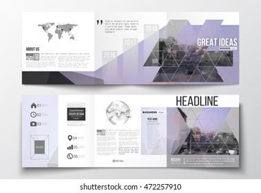 Set of tri-fold brochures, square design templates. Polygonal background, blurred image, urban landscape, modern stylish triangular vector texture