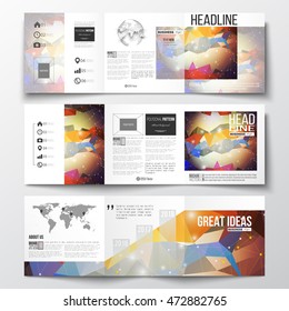Set of tri-fold brochures, square design templates. Molecular construction with connected lines and dots, scientific pattern on abstract colorful polygonal background, modern triangle vector texture