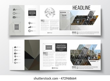 Set of tri-fold brochures, square design templates. Polygonal background, blurred image, urban landscape, cityscape, modern triangular texture