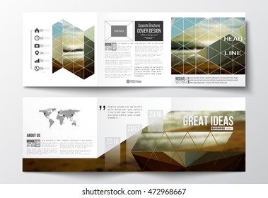 Set of tri-fold brochures, square design templates. Colorful polygonal backdrop, blurred background, sea landscape, modern stylish triangle vector texture