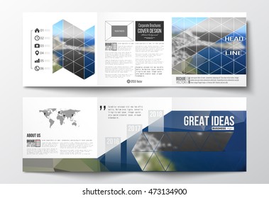 Set of tri-fold brochures, square design templates. Colorful polygonal backdrop, blurred background, sea landscape, modern triangle vector texture.
