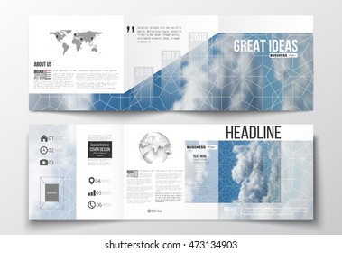 Set of tri-fold brochures, square design templates. Beautiful blue sky, abstract geometric background with white clouds, leaflet cover, business layout, vector illustration.