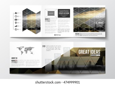 Set of tri-fold brochures, square design templates. Abstract colorful polygonal background with blurred image, seaport landscape, modern stylish triangular and hexagonal vector texture.