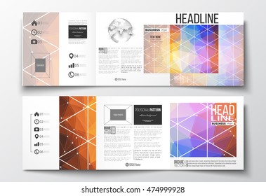 Set of tri-fold brochures, square design templates. Abstract colorful polygonal background, modern stylish triangle vector texture