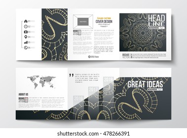 Set of tri-fold brochures, square design templates. Polygonal backdrop with golden connecting dots and lines, connection structure. Digital scientific background