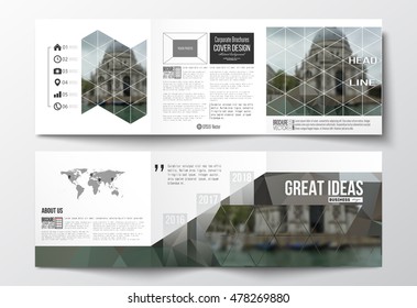 Set of tri-fold brochures, square design templates. Polygonal background, blurred image, urban landscape, modern stylish triangular vector texture.