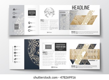 Set of tri-fold brochures, square design templates. Golden microchip pattern, connecting dots and lines, connection structure. Digital scientific background
