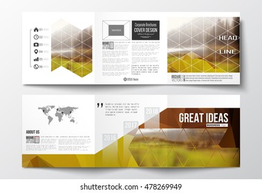 Set of tri-fold brochures, square design templates. Colorful polygonal backdrop, blurred natural background, modern stylish triangle vector texture.