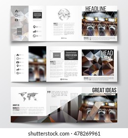 Set of tri-fold brochures, square design templates. Colorful polygonal background, blurred image, night city landscape, modern triangular vector texture