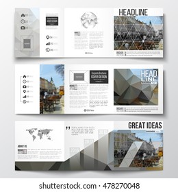Set of tri-fold brochures, square design templates. Polygonal background, blurred image, urban landscape, cityscape, modern stylish triangular vector texture.