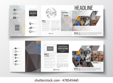 Set of tri-fold brochures, square design templates. Polygonal background, blurred image, urban landscape, cityscape, modern triangular texture