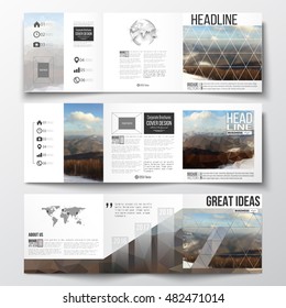 Set of tri-fold brochures, square design templates. Abstract colorful polygonal backdrop, blurred background, mountain landscape, modern stylish triangle vector texture.
