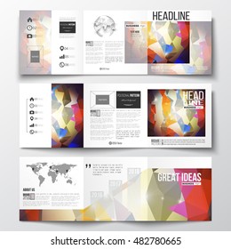 Set of tri-fold brochures, square design templates. Abstract colorful polygonal background, modern stylish triangle vector texture